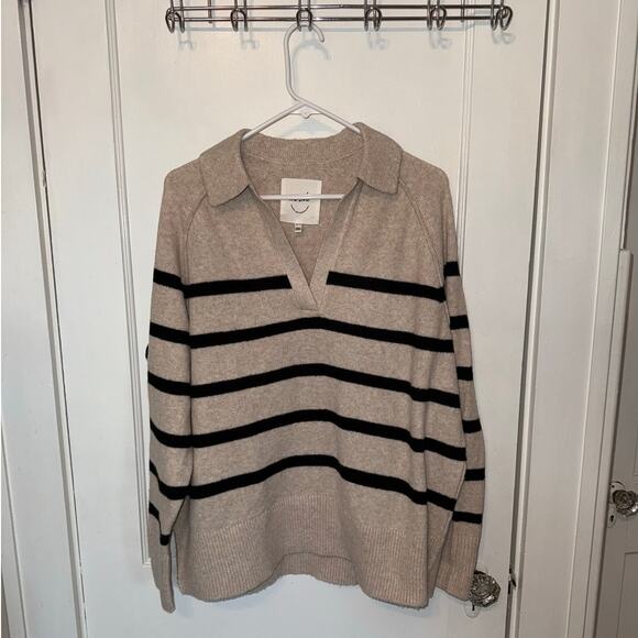 New Aerie Striped Collar V-Neck Oversized Pullover Sweater Tan size XS - Picture 1 of 6